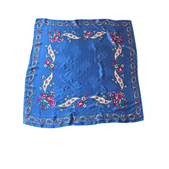 Vintage Floral Patterned Blue Scarf With Pink & White Accents - Picture 1 of 4
